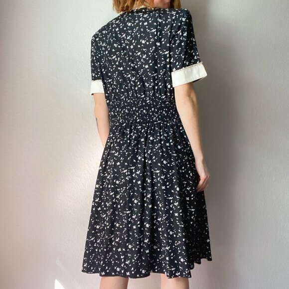 Vintage 1980s S.L. Petites Black Floral Front Button Pleated Sun Dress - Picture 4 of 6